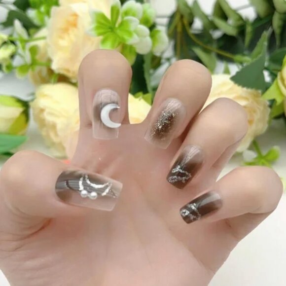 24pcs Short Square Black Ombre Smudged Glitter Moon Press-on Nails - Picture 1 of 3